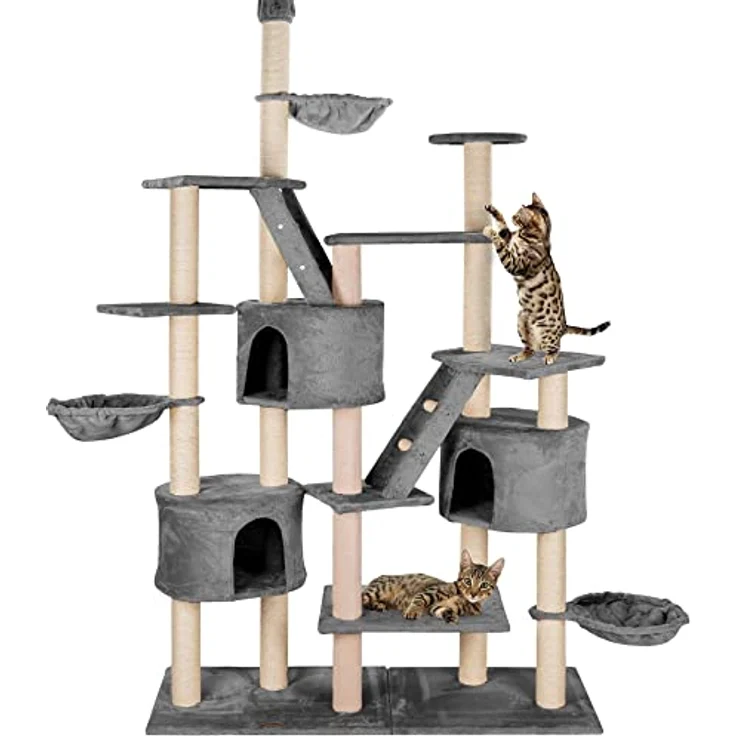 HAPPYPET Großer Kratzbaum deckenhoch XXL 240-260 cm höhenverstellbar - Großer katzenbaum, XXL Kletterbaum für mehrere Katzen, stabile Säulen, Liegemulden, Häuser, mit Zubehör, Grau – Bild 1
