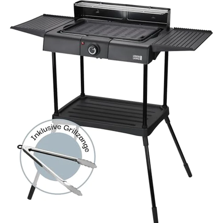 LEBENLANG 2in1 Elektrogrill Tischgrill elektrisch, 2000W mit Temperaturregler, inkl. Standfuß & Grillzange, für Balkon & Wohnung, antihaftbeschichtet, kompakt & mobil – Bild 1