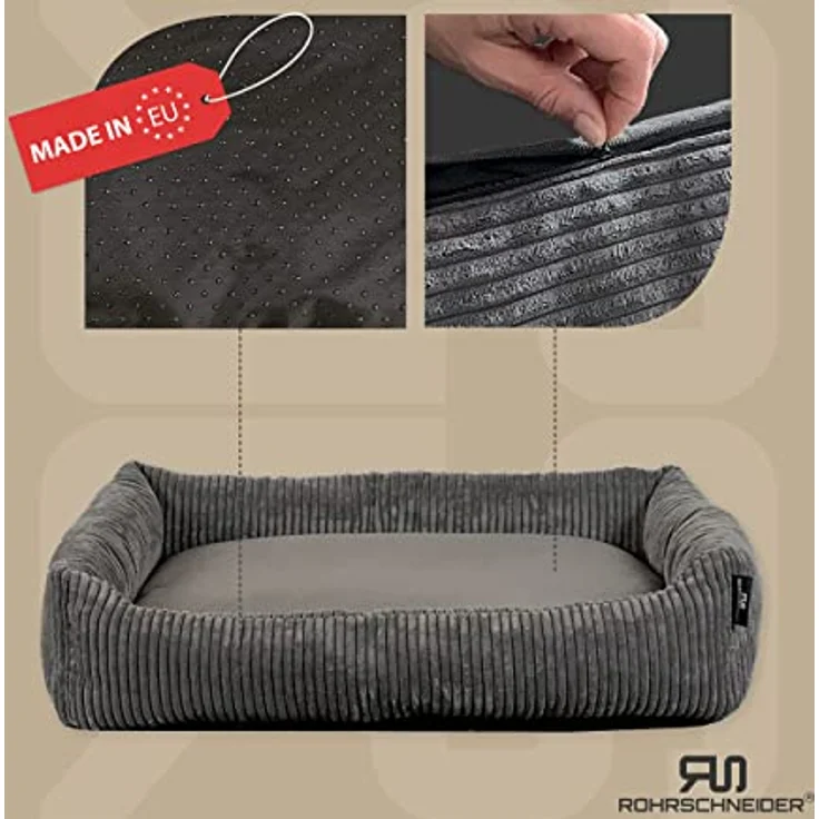 Rohrschneider Hundebett waschbar für kleine und mittelgroße Hunde mit Hundekissen Cord grau (ca. 70x50 cm) inkl. Gassibeutel – Bild 2