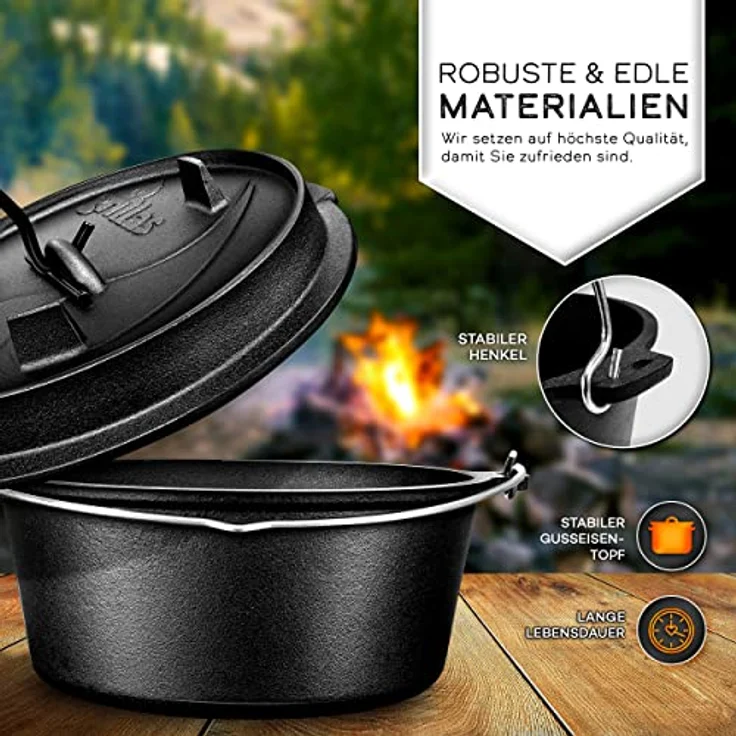 grillas Dutch Oven Set inkl. Rezeptideen | bereits eingebrannt - preseasoned | Feuertopf Gusseisen I Bräter mit Deckelheber und Henkel (Topf ohne Füße, 4,2 Liter / 4,5 QT) – Bild 3