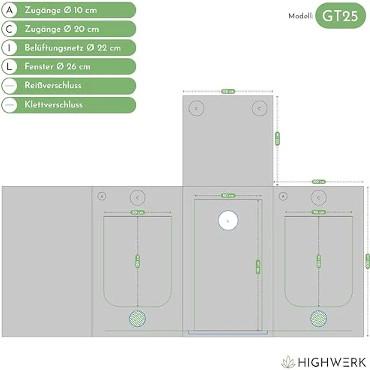 HIGHWERK Growzelt 120 x 120 x 200 cm, Indoor Grow tent, lichtdicht, hochreflektierend, schwarz-grün, für Pflanzen und Kräuter – Bild 2