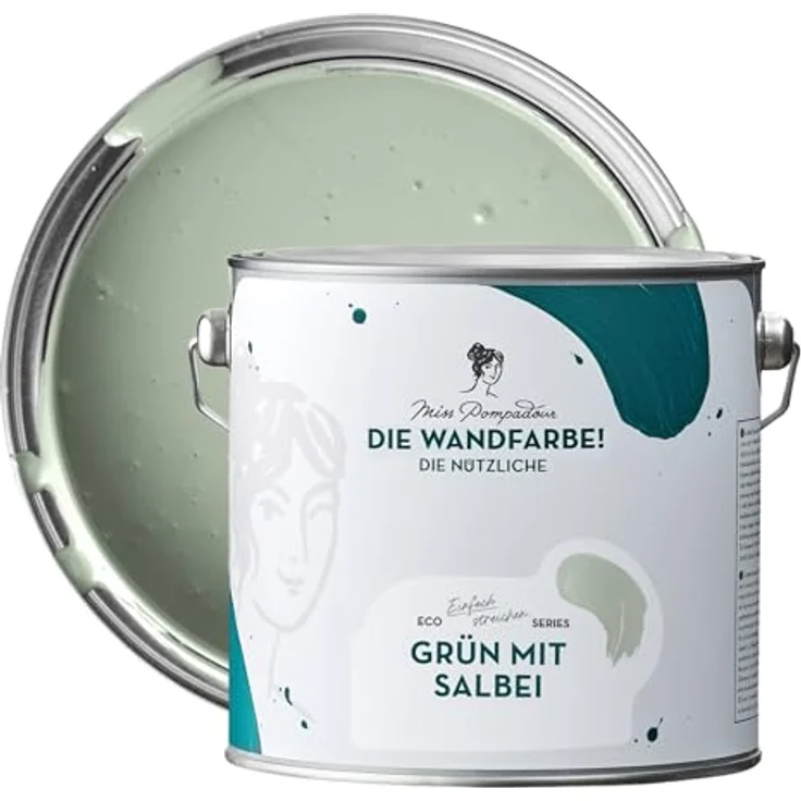 MissPompadour Wandfarbe Grün mit Salbei, abwaschbare, scheuerbeständige Wandfarbe mit hoher Deckkraft, 2,5 L, wasserbasiert – Bild 1