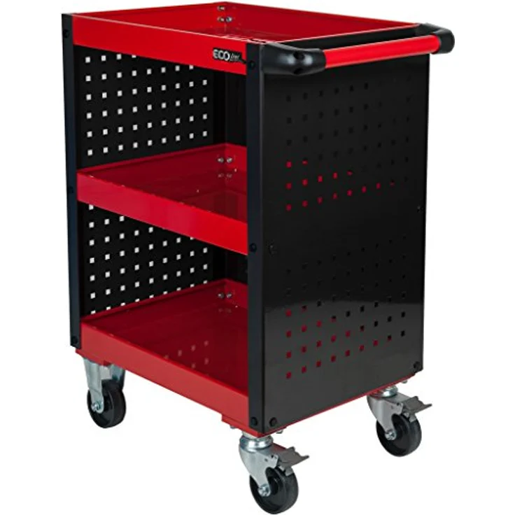 KSTOOLS ECOline Werkstatt-Servicewagen, rot, aus Stahlblech mit 3 Etagen und seitlicher Lochplattenverkleidung, Gesamttragkraft 150 kg – Bild 5