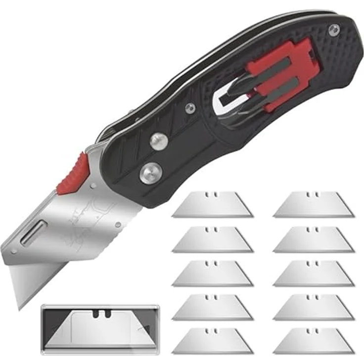 Mustbau 2 in1 Kombiniertes Universalmesser, New Generation Teppichmesser mit 4 Schraubendreherbits, mit Gürtelclip, Safety-Lock, Winkelschloss-Design(Inkl.10 Stück SK5 Ersatzklingen), Arbeitsmesser – Bild 1