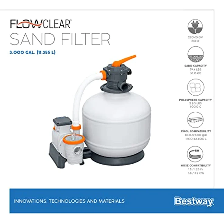 Bestway Flowclear Sandfilteranlage, 11.355 l/h Umwälzleistung, geeignet für Pools bis 64.000 l, rostfreier Tank, integrierte Zeitschaltuhr – Bild 16