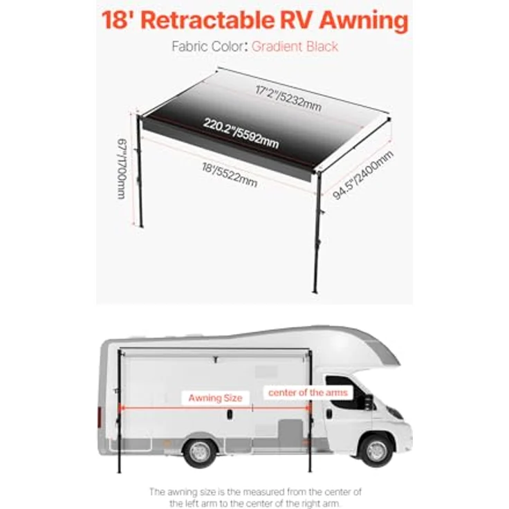 VEVOR einziehbare Wohnmobil-Markise, 248,64 cm, wasserdicht, mit Aluminiumrahmen und schwarzem Farbverlaufsstoff – Bild 7