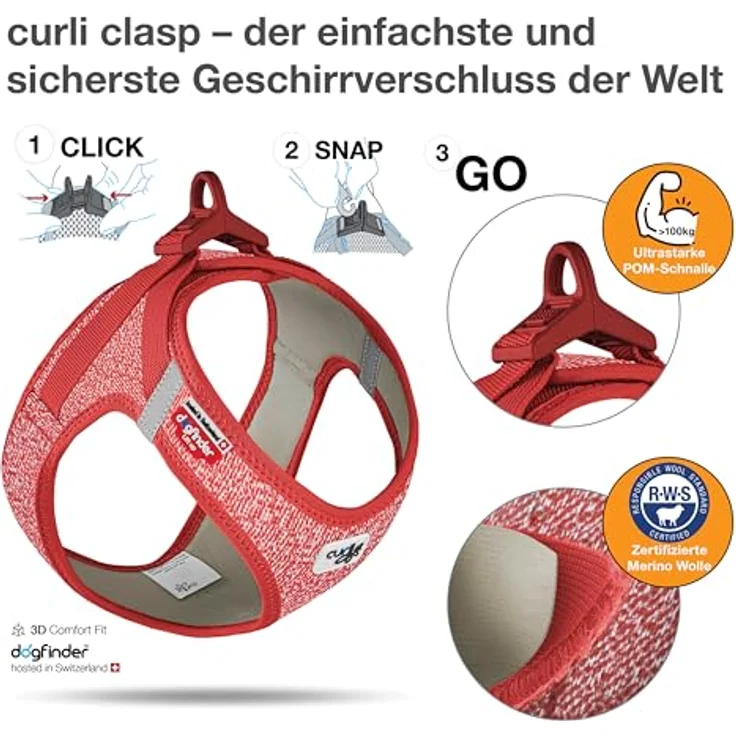 Curli Vest Harness Merino, ergonomisches Hundegeschirr mit 87 % Merinowolle, rot, Größe S – Bild 3