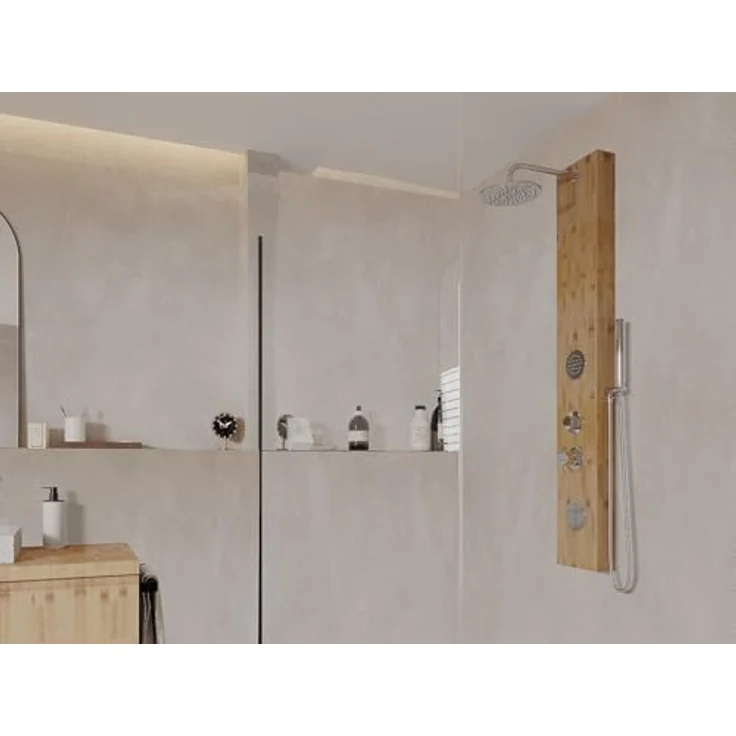 Vente-unique Duschsäule Solol, Hydromassage-Paneel aus Bambus, Kopfbrause mit Tropenregenfunktion und Handbrause, 20 x 140 cm, naturfarben – Bild 5
