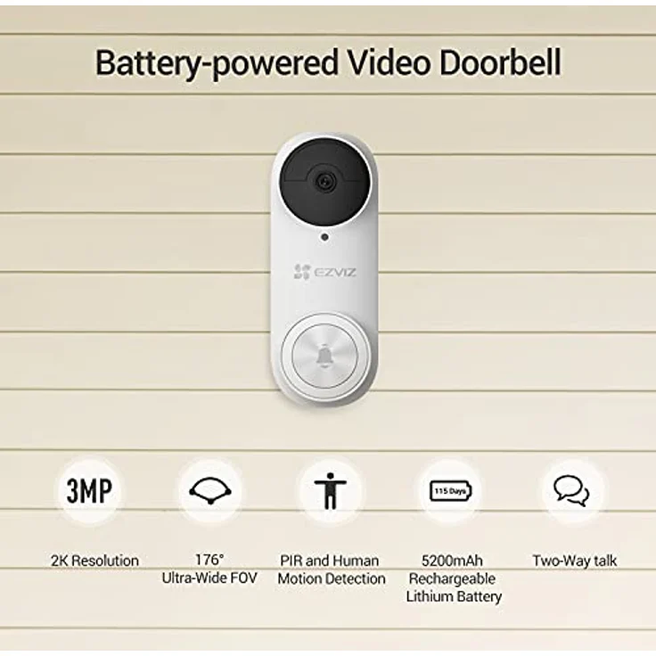 EZVIZ 2K Video Türklingel, Akku Doorbel Kit mit KI Personenerkennung, Zwei-Wege-Audio und Nachtsicht, IP65 wetterfest, 100% kabellos, DB2 Kit – Bild 2