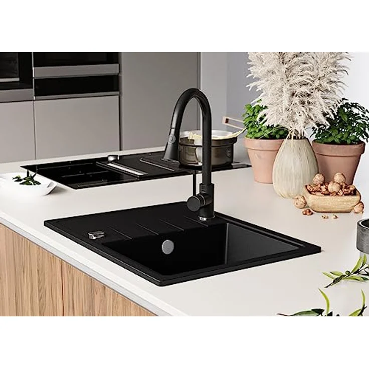 Primagran Spülbecken Schwarz 62x50cm, Granitspüle 1 Becken + Ablauf-Set, 35 Jahre Herstellergarantie - Mailand, hochqualitativ und schmutzabweisend – Bild 3