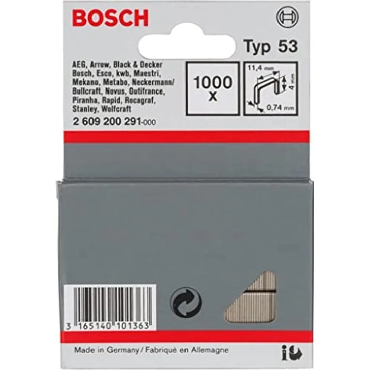 Bosch Accessories 2609200291 Feindrahtklammern Typ 53, 1000 Stück, 4mm x 11.4mm, für dünne Materialien, unauffälliger Rücken