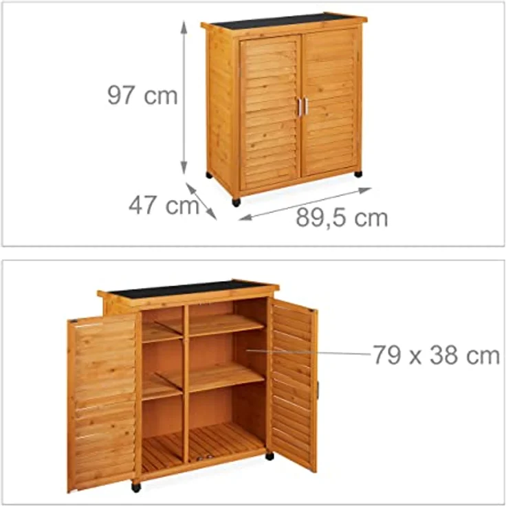 Relaxdays Gartenschrank, 3 Fächer, Flachdach mit Neigung, Doppeltür, HBT: 97 x 86,5 x 47 cm, Werkzeugschrank Holz, Natur – Bild 4
