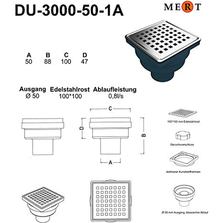 MERT Bodenablauf für ebenerdige Dusche Edelstahlrost Square senkrechter Ablauf 100 x 100 mm DU-3000-50-1A – Bild 2