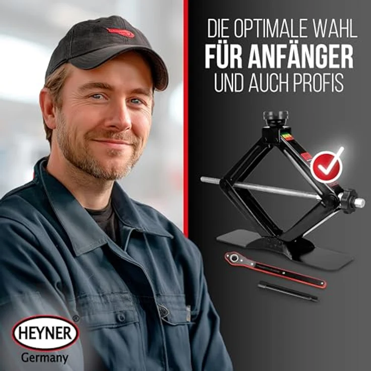 HEYNER® Premium Scherenwagenheber MultiLift L Black, 2 t Tragkraft, extra großer Standfuß, praktischer Drehknopf, inkl. Tasche, 17er Nuss & austauschbares Gummipad 360° – Bild 3