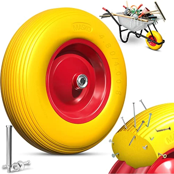MASKO PU Schubkarrenrad Vollgummi 200 kg pannensicher 4.80-4.00-8 Ø 390mm inkl. Achse Ersatzrad Gummirad Stahlfelge Reifen pannensicher für Schubkarre Gartenkarren pannensicheres PU Rad Gelb - Rot – Bild 1