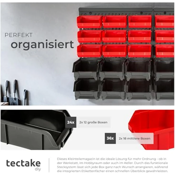 tectake® Werkstatt Wandregal, 62-teilig, inkl. Stapelboxen und Kleinteilemagazin, flexibles Ordnungssystem für Werkstatt und Garage – Bild 5