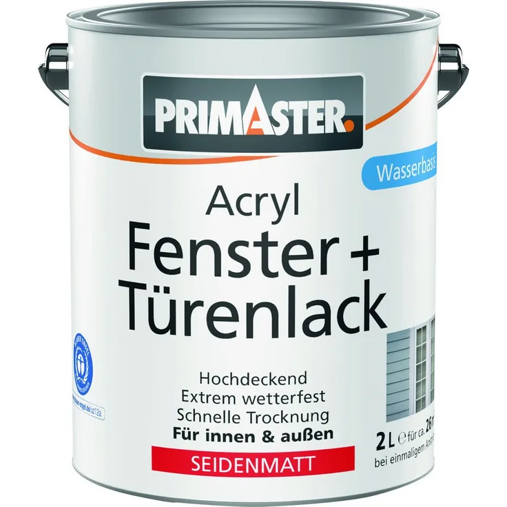 Primaster Acryl Fenster- und Türenlack, seidenmatt, weiß, 2 L, wetterbeständig, geruchsarm, für innen & außen