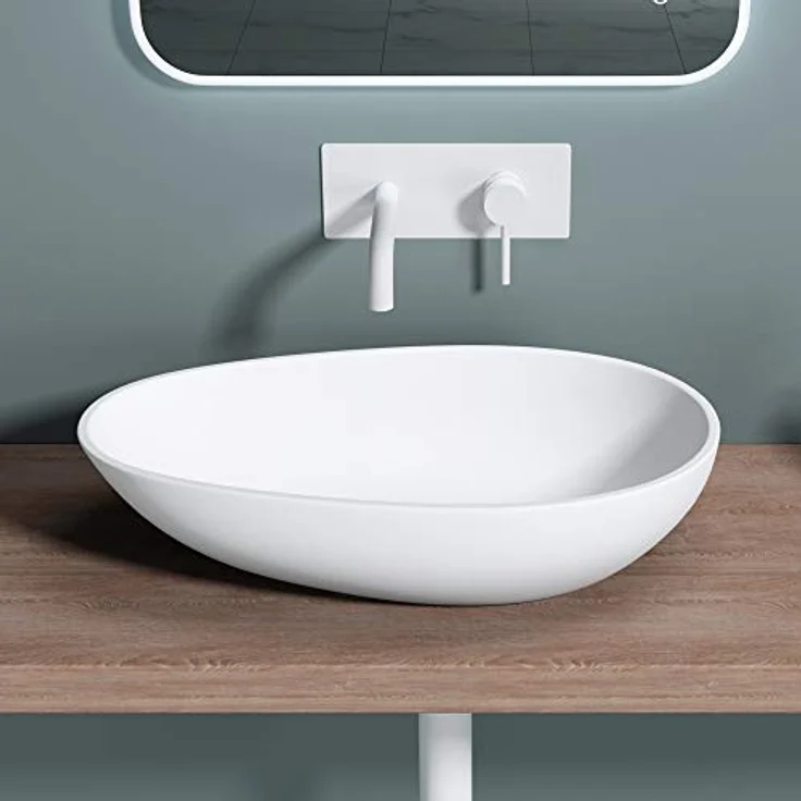 doporro Aufsatzwaschbecken Weiß matt oval Colossum809 BTH: 59,8x36x14 cm Mineralguss Waschbecken ohne Armaturloch – Bild 4