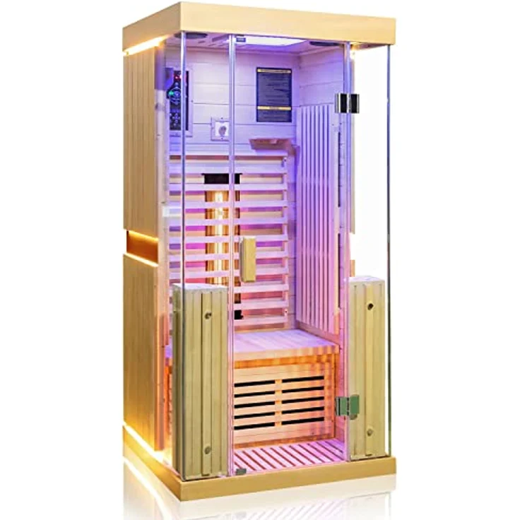 Dewello® Infrarotkabine Infrarotsauna Kingston 90cm x 90cm für 1 Person aus Hemlock Holz mit verstellbarem Vollspektrumstrahler – Bild 2