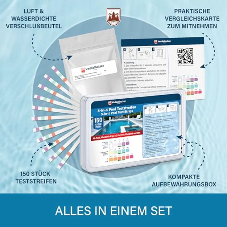 Veddelholzer 3-in-1 Pool Teststreifen, 150 Stück zur pH-Wert, Freies Chlor & Alkalinität Messung für Pool, Whirlpool & Spa – Bild 5