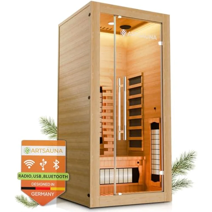 Artsauna Infrarotkabine Kiruna90 Premium Dual Technologie, für 1 Personen, Hemlockholz, Sound-System, Bluetooth, LED-Farblicht, Natur – Bild 2
