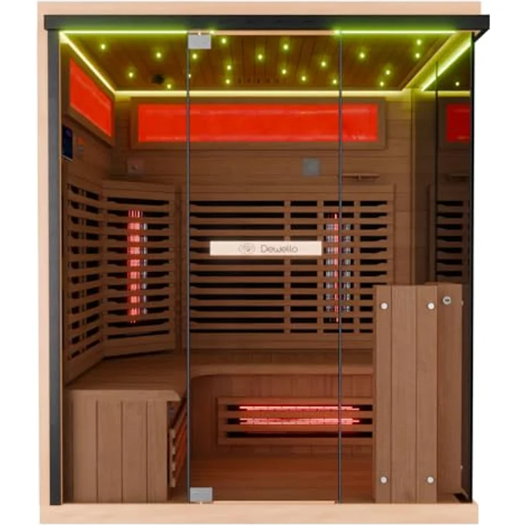 Dewello Sauna KENORA 160 Wärmekabine, 2-3 Personen, 6 Vollspektrumstrahler, (LED-Farblichttherapie inkl. Ionisator mit Ozondesinfektion und Aromatherapie, inkl. Ionisator mit Ozondesinfektion und Aromatherapie, Bluetooth & FM) – Bild 6