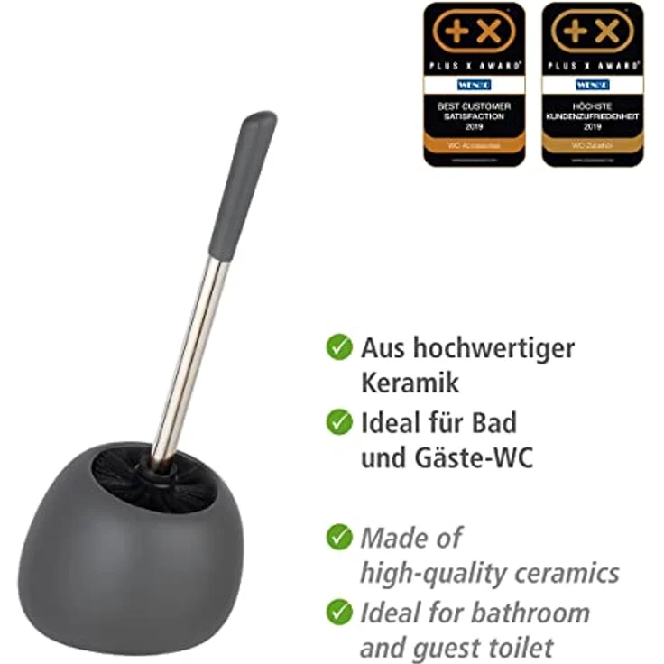 WENKO WC-Garnitur Polaris, hochwertiger Toilettenbürstenhalter aus edler Keramik, für Bad & Gäste-WC, inklusive Toilettenbürste mit auswechselbarem Bürstenkopf Ø 8 cm, 17 x 34,5 x 14,5 cm, Grau matt – Bild 3