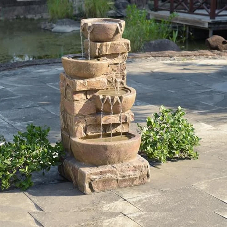 Teamson Home Wasserfallbrunnen "Cascading Bowls & Stacked Stones", Gartenbrunnen mit LED, Polyresin braun, H84 cm – Bild 8