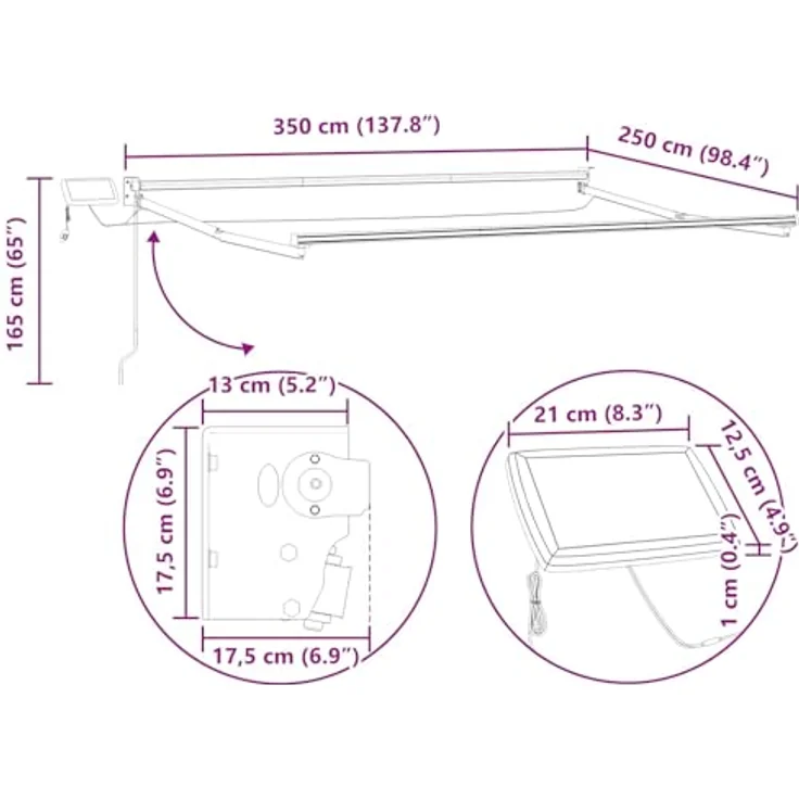 vidaXL Manuelle Gelenkarmmarkise mit LEDs, braun, 3,5 x 2,5 m für Outdoor – Bild 2