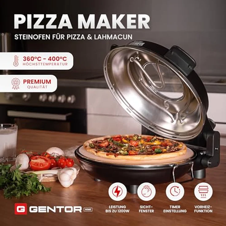GENTOR Pizzaofen Pizzamaker 1200W 220-240V Elektrischer Pizzaofen mit feuerfestem Pizzastein bis 420 Grad – Bild 3