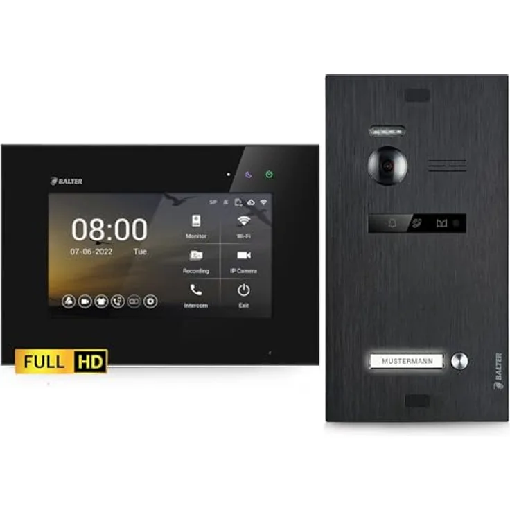 Balter EVO-HD Video Türsprechanlage, 7 Zoll HD-Monitor mit Full HD-Kamera, 175° Weitwinkel, 2-Draht Bus, schwarz