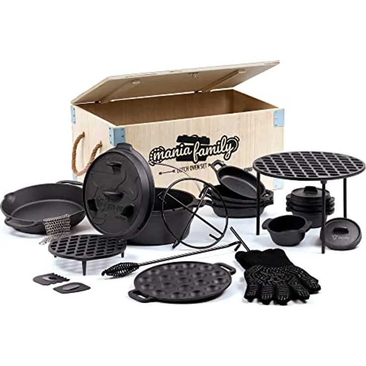 BBQ-Toro 19-teiliges Dutch Oven Set Mania Family in Holzkiste | Gusseisen - Bereits eingebrannt | Grill, Dutch Ovens, Grilltopf, ideal als Weihnachtsgeschenk
