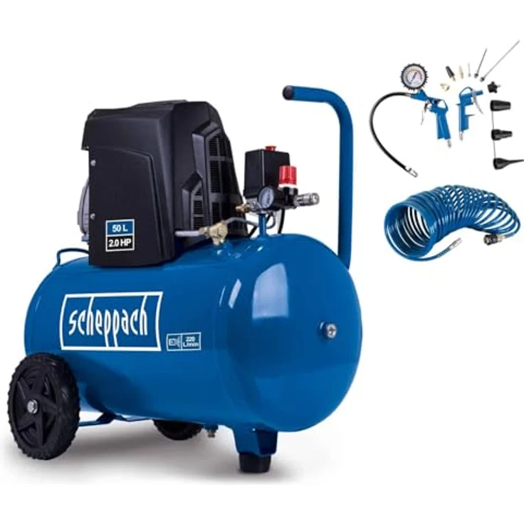 Scheppach Kompressor HC63, 10bar, 1500W, 50L Kessel, 220 L/min Ansaugleistung, inkl. 10 m Druckluftschlauch und 13-tlg. Zubehör-Set, ölgeschmiert – Bild 1