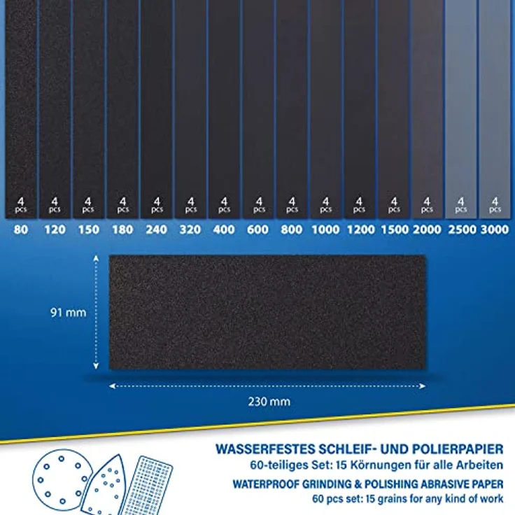 S&R Wasserfestes Schleifpapier Set 60 Stk, Schleifblätter Satz, Siliziumkarbid-Korn, 15 Körnungen P80 bis P3000, Profi Nassschleifpapier - Preisvergleich – Bild 2