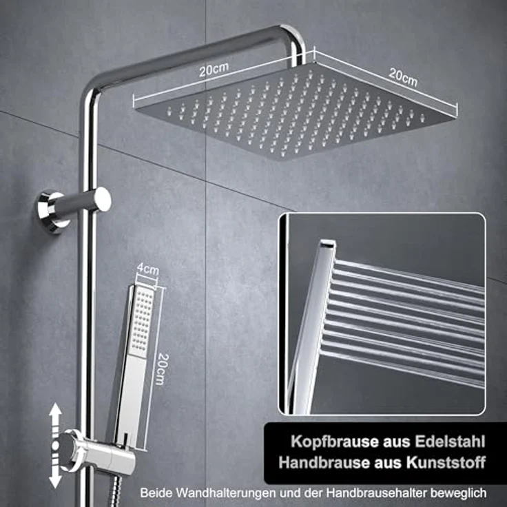 Görbach Regendusche Duschsystem, Wassersparend, Edelstahl Kopfbrause 20x20 cm Chrom, 92 cm Duschstange, bewegliche Wandhalterung, 3 Wege Umschaltventil, Edelstahl Schläuche – Bild 3