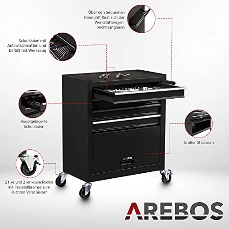 Arebos Werkstattwagen 5 Fächer, Werkzeugwagen, Rollwagen, 4 Schubladen bestückt mit 81-tlg. Werkzeug, Stauraum, Stahlkonstruktion - Arebos Werkzeugwagen 4 Schubladen, Anthrazit – Bild 6