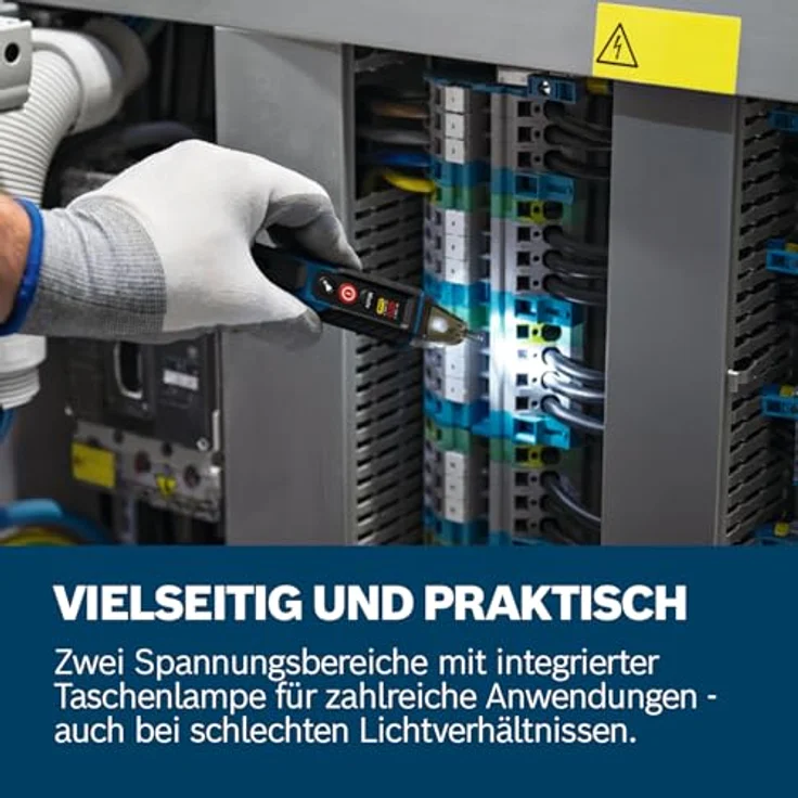Bosch Professional GVD 1000-17, Hochleistungs-Spannungsprüfer mit IP67 Schutz, 24 V bis 1.000 V AC, rot/orange/grün leuchtende Spitze, Gürtelclip, Taschenlampe – Bild 4