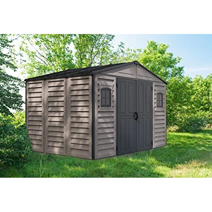 Duramax WoodBridge II PLUS 10.5 x 8 (7.64 m²) Kunststoff gerätehaus mit Metallfundamentset und 2 festen Fenstern, wartungsfreie und robuste und Dachstruktur aus Metall, Gerätehaus, Dunkelgrau/Adobe5 – Bild 2