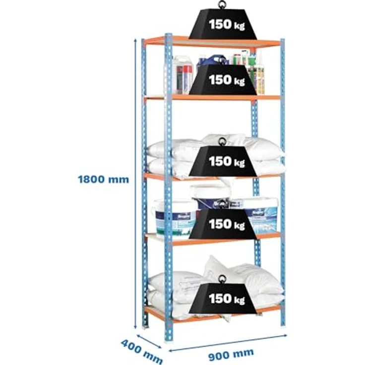 Simonrack Maderclick Metallregal, 180 x 90 x 40 cm, 5 Böden, Traglast 150 kg pro Boden, Stecksystem, Blau/Orange – Bild 2