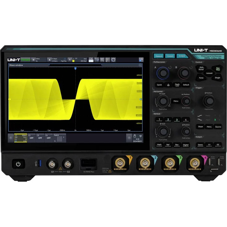 Uni-T MSO3034HD Digital-Oszilloskop, 350 MHz Bandbreite, 2,5 GSa/s Abtastrate, 500 Mpts Speicher, 12 Bit, 10,1-Zoll Touchscreen