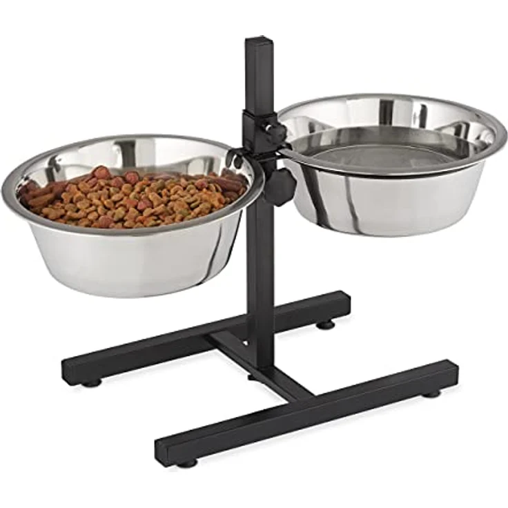 Relaxdays Futterstation Hund, 4,5 l Edelstahlnäpfe, Napfständer höhenverstellbar HBT 42 x 61 x 29 cm, rutschfest, Silber – Bild 1