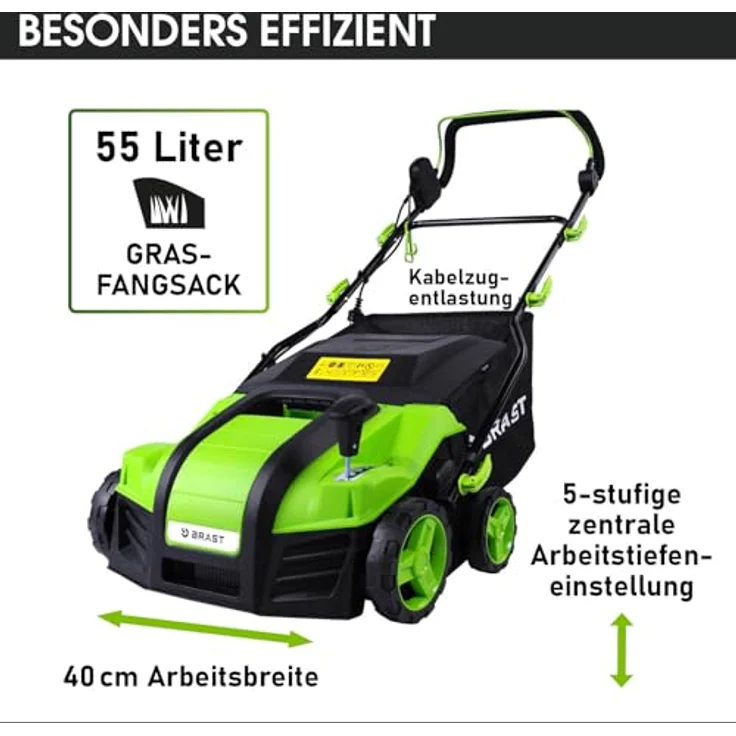 BRAST Vertikutierer Elektro Rasenlüfter 1800 Watt 40cm Arbeitsbreite Kombi Gerät Moosentferner – Bild 3