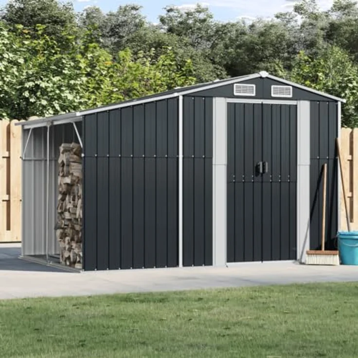 vidaXL Gerätehaus, Gartenhaus mit Schrägdach Griffe, Gartenschuppen Schuppen mit Stauraum, Geräteschuppen Metallschuppen, Anthrazit 277x192,5x179 cm Verzinkter Stahl – Bild 2