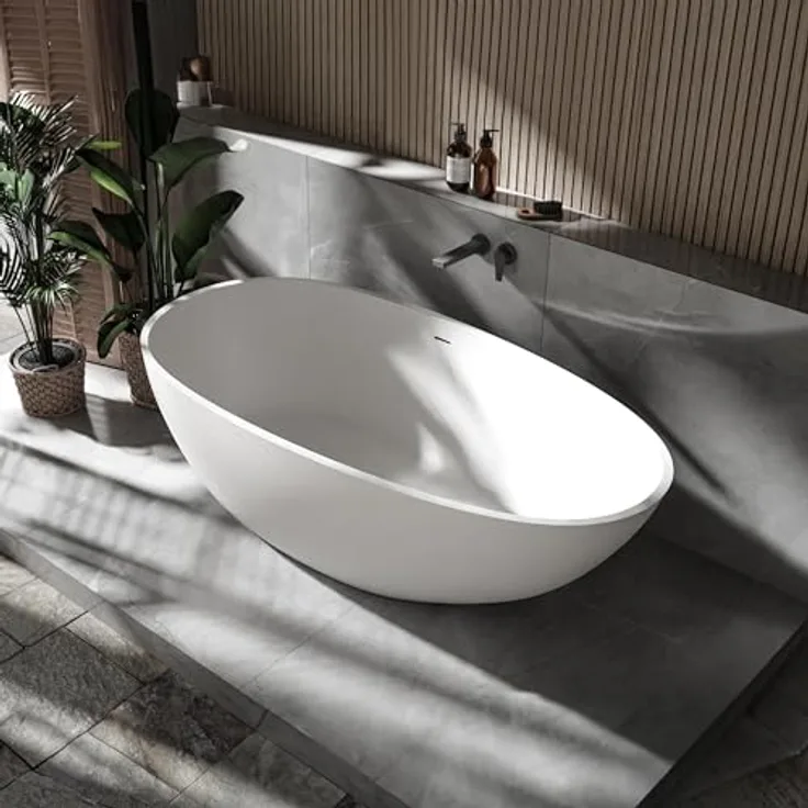 Bernstein VELA Freistehende Badewanne, Mineralguss Solid Stone, Weiß Matt, 170x86 cm, mit Pop-up-Verschluss und Überlauf
