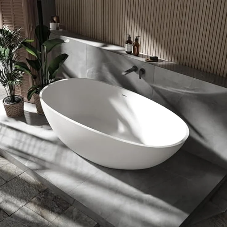 Bernstein VELA Freistehende Badewanne, Mineralguss Solid Stone, Weiß Matt, 170x86 cm, mit Pop-up-Verschluss und Überlauf – Bild 1