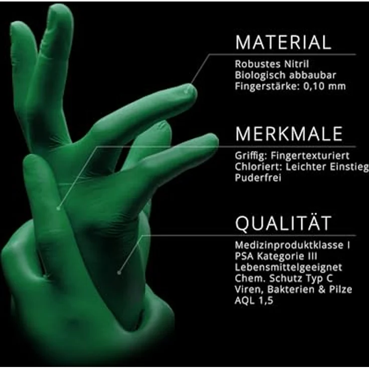 AMPri Nature Gloves by Med-Comfort: Biologisch abbaubare Nitril Einmalhandschuhe, grün, 100 Stück/Box, Größe XS, puderfrei – Bild 3