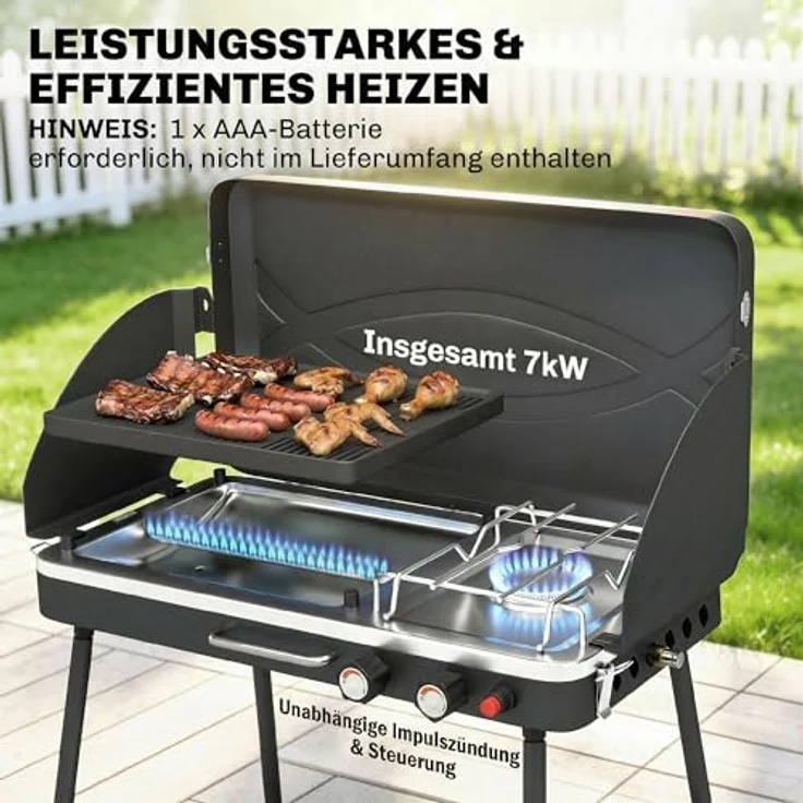 Outsunny Tragbarer Gasgrill 2-in-1 Tischgrill mit 2 Brennern, 7 kW, klappbaren Beinen, Windschutz und Antihaftbeschichtung, ideal für BBQ und Camping – Bild 5
