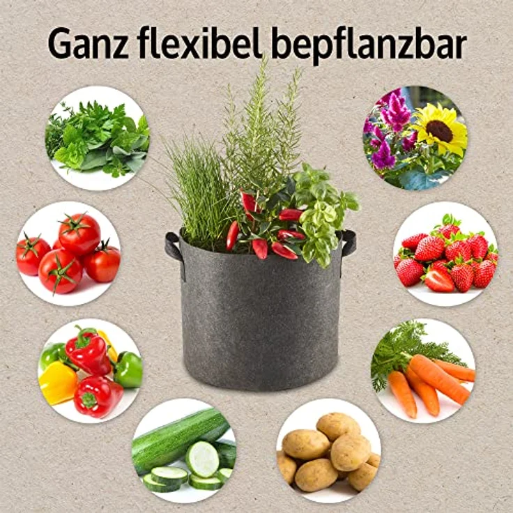 Zooprinz Pflanzkübel Pflanzsack Pflanztaschen 6er Set, 30L und 60L, 260 g/m² Vliesstoff, UV- und witterungsbeständig, mit Wasserabfluss-System – Bild 7
