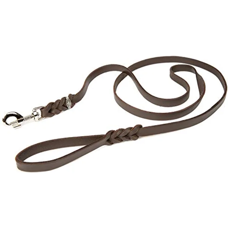 CopcoPet - Fettlederleine 1 m x 10 mm, Braun, Hunde-Leine aus Leder mit verchromtem Karabiner, geflochtene Hunde-Führleine Leder