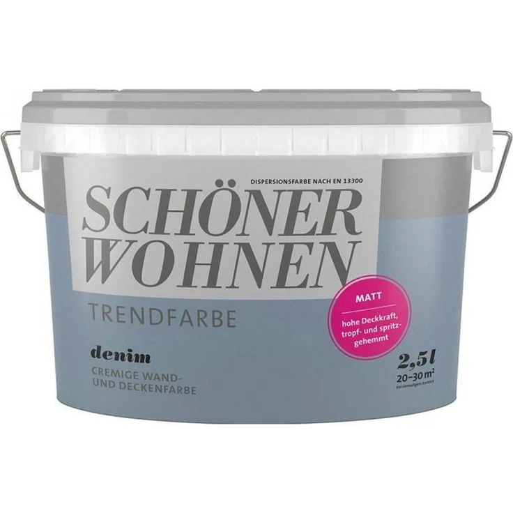 SCHÖNER WOHNEN FARBE Wandfarbe SW Trend, 2,5L Denim 5565, matt, lösemittel- und weichmacherfrei, scheuerbeständig, wasserdampfdurchlässig